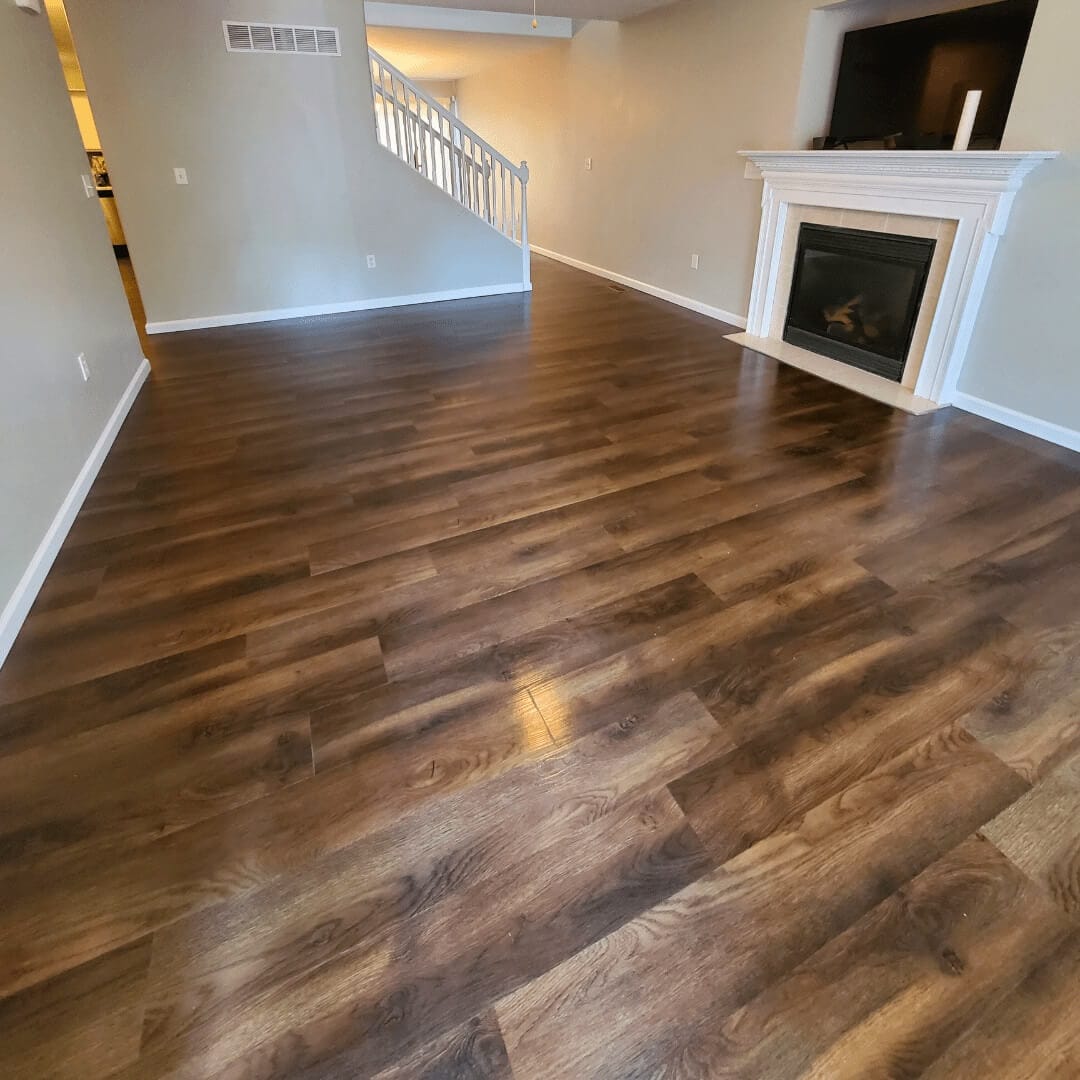 Walnut Premier luxury vinyl plank flooring from Case Floors, 8mm thick with a 28 mil wear layer.
